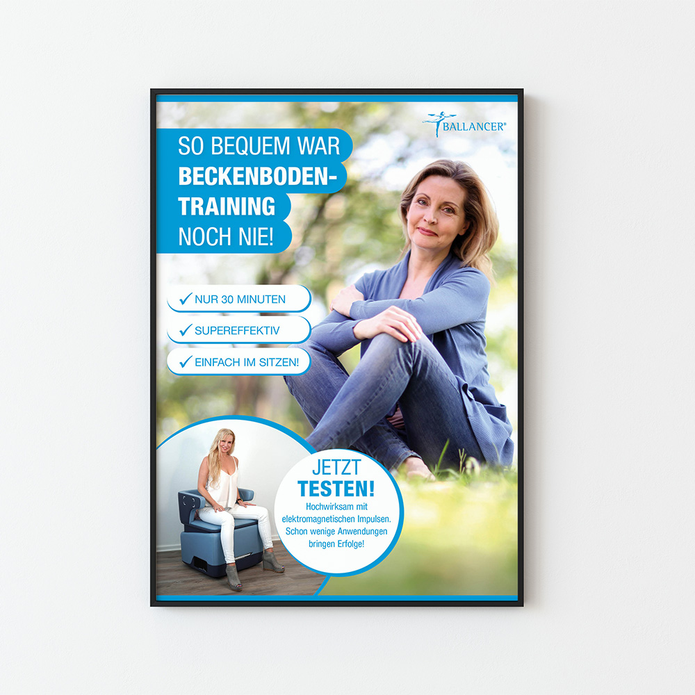 Plakat A1 Kampagne EMP Chair "So einfach war Beckenbodentraining noch nie"