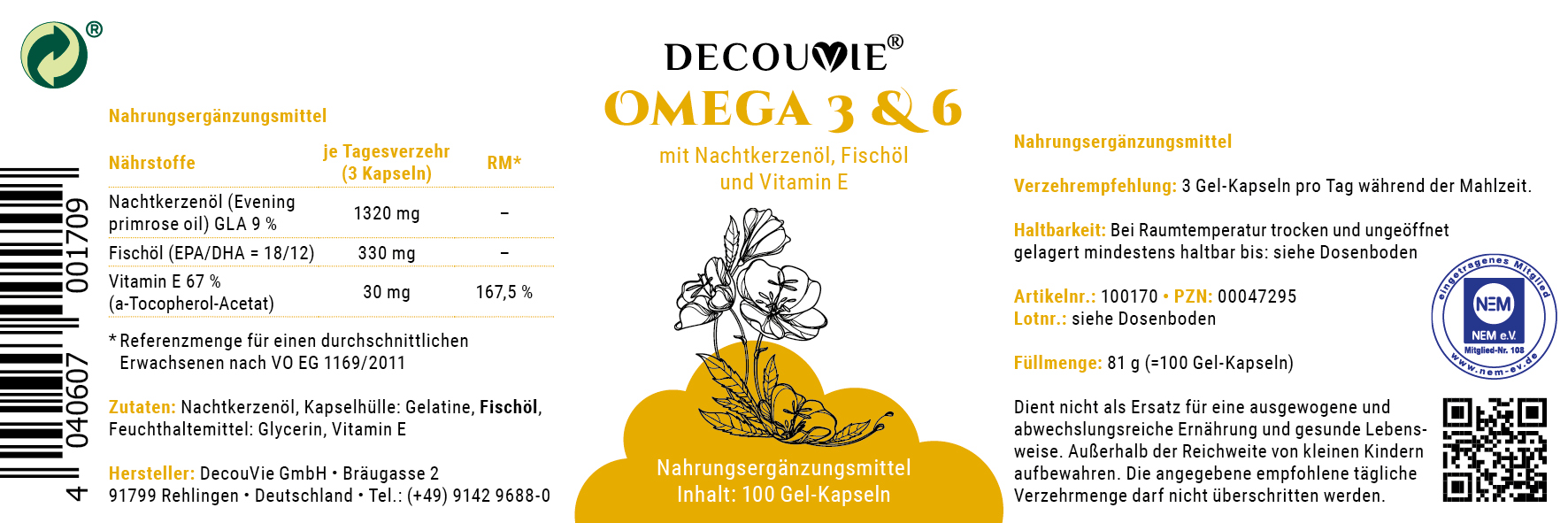 Omega 3 & 6, zur Ergänzung essentieller Fettsäuren, 100 Gel-Kapseln