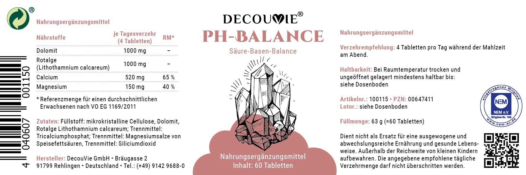 PH-Balance, zur Ergänzung von Kalzium und Regulation von Säure-Base Gleichgewicht, 60 Tabletten