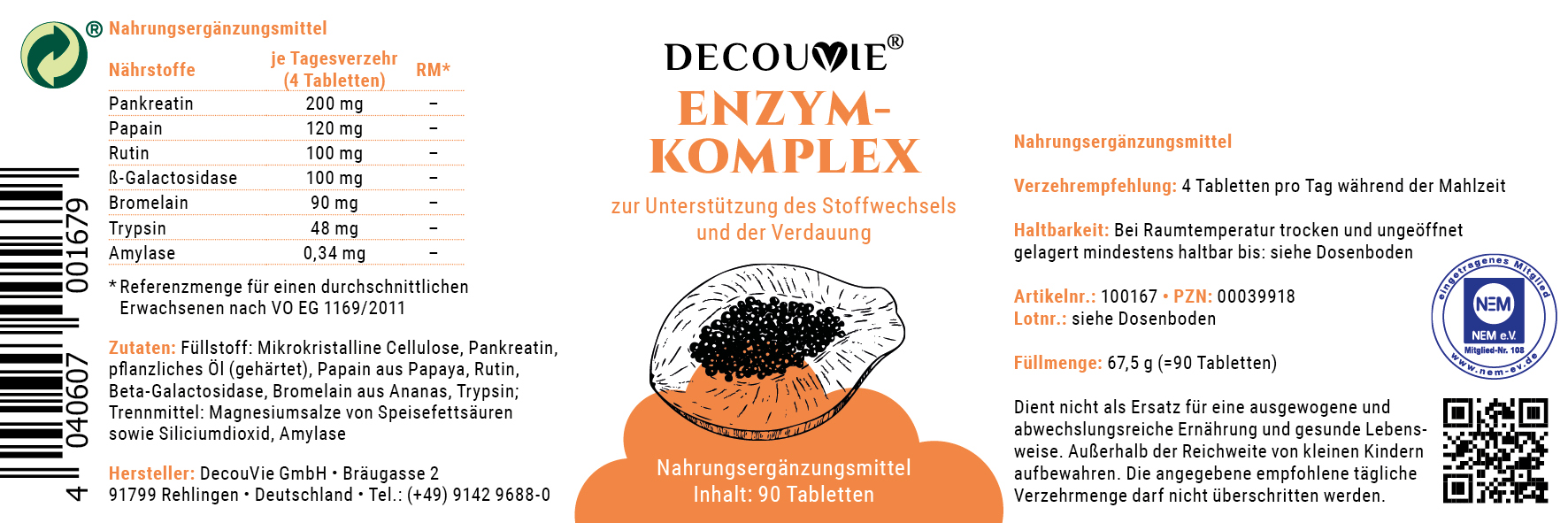 Enzym-Komplex, zur Unterstützung des Stoffwechsels, Immunsystem und Verdauung, 90 Tabletten