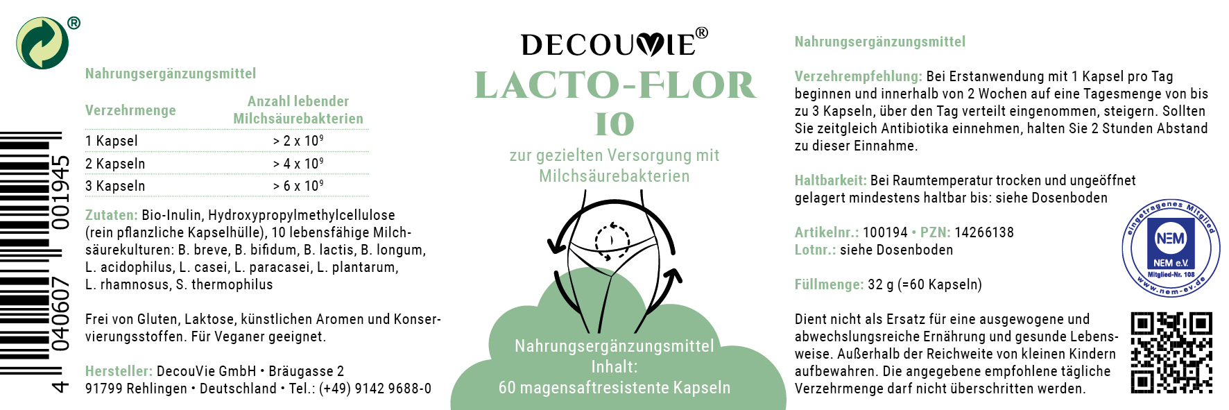 Lacto-Flor 10, zur Unterstützung der probiotischen Darmregulierung, 60 Kapseln